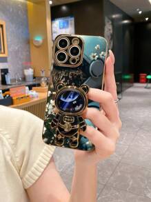 High Quality Black Electroplated Solid Color Astronaut Ditsy Floral Folding Stand Anti-Fall Full Coverage Phone Protective Case With Kickstand, Compatible With IPhone 16 Pro Max/IPhone 11/IPhone 13/IPhone 15 Pro Max, Apple Series, S24 Ultra/S23 Ultra, Galaxy A05S/A15 5G/Galaxy A54, Series, Redmi Note 13 4G/Redmi Note 13 Pro 4G, Series