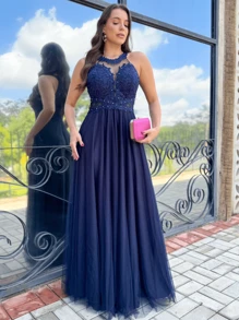 LONG PARTY DRESS IN LACE WITH SHINE TULLE WITH FULL SKIRT FOR BRIDESMAIDS WEDDING - Azul Marino - Ver 1