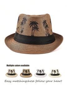 1pc Coconut Tree Bohemian Casual Vintage Polyester Satin Ribbon Printed Straw Braid Jazz Hat, Versatile Unisex Accessory Suitable For Carnival, St. Patrick's Day, Ramadan/Lslamic