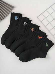 5 paires de chaussettes mi-mollet pour hommes, style sport, motif de dinosaure mignon personnalisé brodé, convenant pour toute saison, taille européenne et américaine, confortable et respirant, riches couleurs, idéal pour le port quotidien, tissu premium, sans étouffement