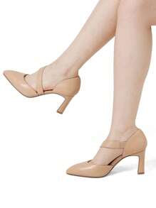Women 3 Inch High Heels Pumps Closed Pointed Toe Fashion Classic Comfortable Party Wedding Dancing Heeled Shoes With Elastic Asymmetric Instep Strap - Apricot - View 8