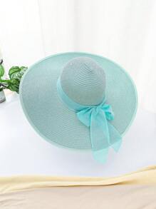 1 Pc Solid Color Casual Elegant Bohemian Straw Bow Wide Brim Round Top Sun Hat, UV Protection, Wind Proof, Decorative Strap, Fashionable, Versatile, Suitable For Commuting And Vacation, All Seasons - Round Straw Hat - View 9