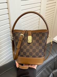 Bolso de hombro, bolso de mano, bolso tipo cubo de color contrastante de moda - Marrón - Ver 7