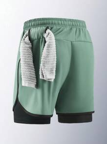 1pc Lightweight Breathable Quick-Dry Men's Printed Layered Athletic Shorts For Outdoor Sport Running In Summer - Green - View 3