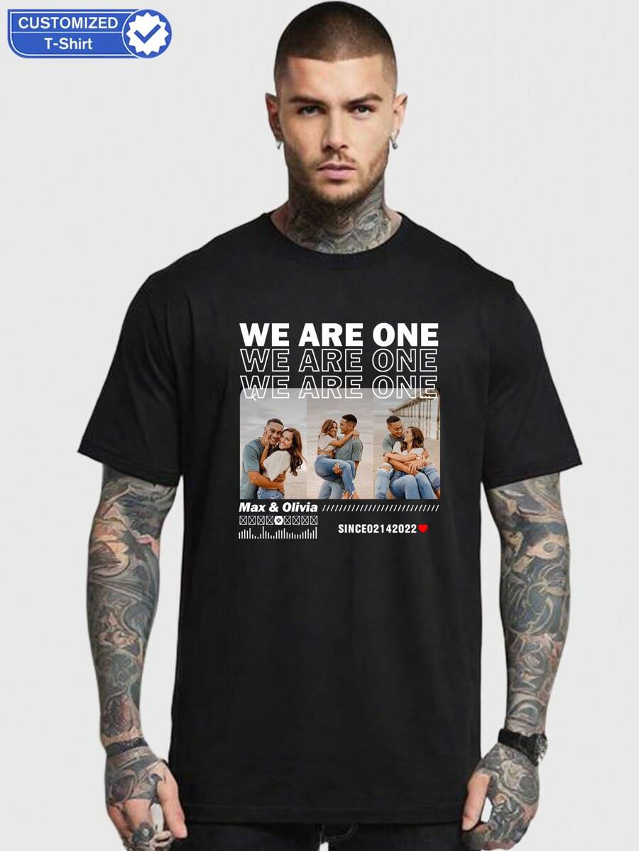 Customized Personalized Men's Casual Loose Comfortable Round-Neck T-Shirt ﻿Add You Text/Logo For Couples, Family, Pets, Gifts, Customizable T-Shirt For Husband Or Boyfriend Or Girlfriend Or Team - Black - View 1