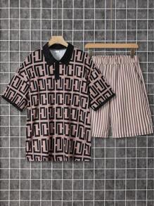 Men's Polo Print Set, Short Sleeve Striped Shorts, Suitable For Street & Outdoor Casual Wear - Multicolor - View 2