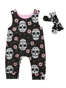 2 piezas de mono de calavera para bebé recién nacido, niño y niña, mono floral sin mangas, mono con diadema - Negro - Ver 1
