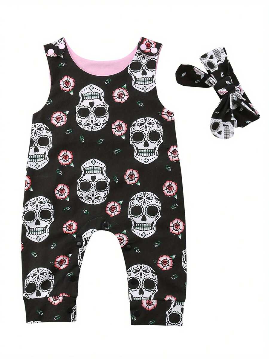 2 piezas de mono de calavera para bebé recién nacido, niño y niña, mono floral sin mangas, mono con diadema - Negro - Ver 1
