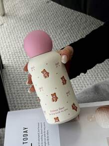 1pc 350ml Teddy Bear Bow Stainless Steel Double Wall Insulated Cup, Flat Bottom Mug, Coffee Cup, Water Bottle, Outdoor Tumbler, Tea , Unique Tea Cup Lid Design, Suitable For Outdoor, Office, Home, School, Car, Birthday Gift, Holiday Gift, Mother's Day, Father's Day, Back To School, Valentine's Day