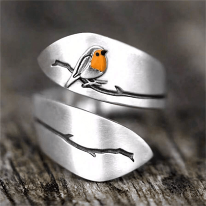 1 pieza Anillo abierto ajustable con diseño vintage de pájaro y rama en estilo bohemio, joyería de moda para mujer, apta para uso diario o como regalo
