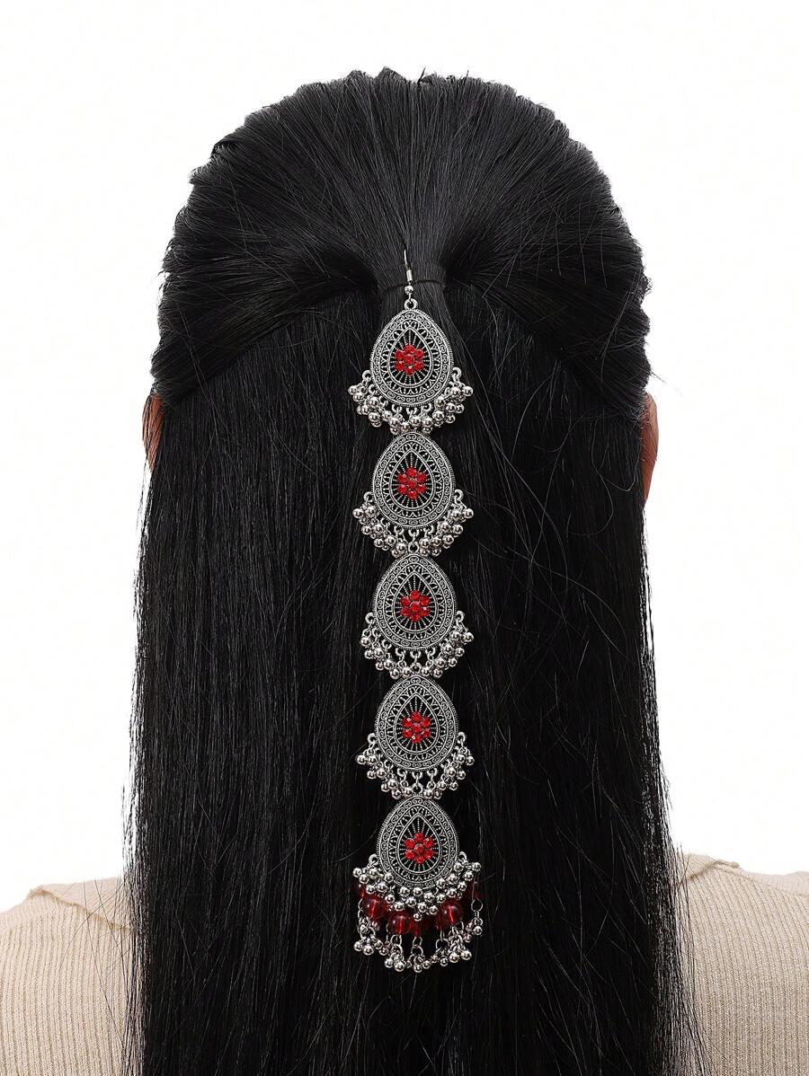 1pc Fashion Water Drop Shaped Multi-Layer Tassel Headchain, Stylish For Festivals, Parties, Weddings - Oxidized Silver - View 1