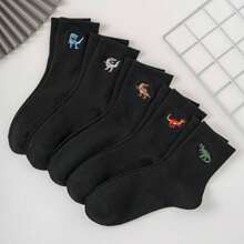 5 paires de chaussettes mi-mollet pour hommes, style sport, motif de dinosaure mignon personnalisé brodé, convenant pour toute saison, taille européenne et américaine, confortable et respirant, riches couleurs, idéal pour le port quotidien, tissu premium, sans étouffement