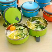 Stainless Steel Round Lunch Box, Portable Insulated Food Storage Container With Lid And Handle, Easy To Clean, Suitable For Office, School, Camping, And Outdoor Use, Suitable For Students And Office Workers - No Power Needed