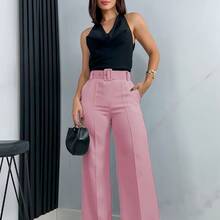 Pantalon mujer corte amplio cintura alta con cinturon elegante - Rosa vieja - Ver 4
