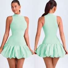 Vestido corto elegante sin mangas falda volumen femenino moderno - Agua verde azul - Ver 2