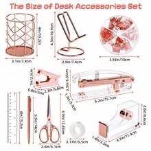 Superlele Rose Gold / Gold Office Supplies And Accessories Set, Acrylic Stapler Set For Back To School Season, Staple Remover, Phone Holder, Pen Holder, Scissor, Ruler, Transparent Tape, Back To School Dormitory Storage