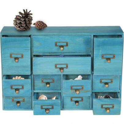 HOHOBLA Caja de almacenamiento con 12 cajones, gabinete botiquín estilo catálogo de biblioteca, cajón de catálogo de tarjetas con manijas metálicas y ranura para etiqueta, organizador de cajón de escritorio de madera (azul)
