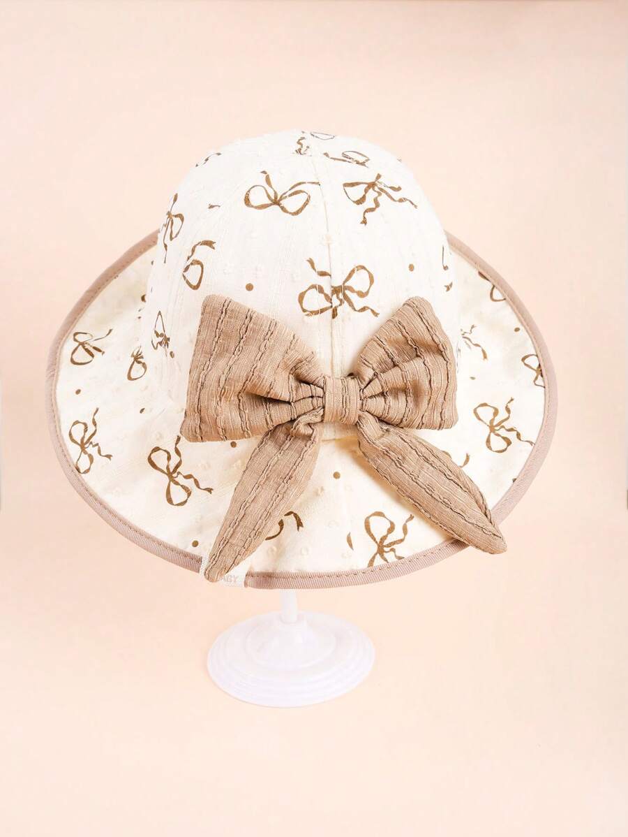 1 Pc Girls Dusty Pink Large Bow Decor Sun Hat, Princess Style UV Ion Outdoor Play Cap For Spring & Summer - Khaki - View 1