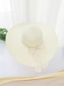 1 Pc Solid Color Casual Elegant Bohemian Straw Bow Wide Brim Round Top Sun Hat, UV Protection, Wind Proof, Decorative Strap, Fashionable, Versatile, Suitable For Commuting And Vacation, All Seasons - Round Straw Hat - View 8