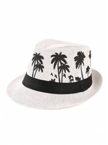 1pc Coconut Tree Bohemian Casual Vintage Polyester Satin Ribbon Printed Straw Braid Jazz Hat, Versatile Unisex Accessory Suitable For Carnival, St. Patrick's Day, Ramadan/Lslamic