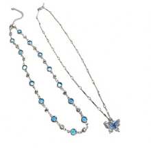 2pcs Blue Crystal Butterfly Necklace For Women Hot Girls Double Layer Choker Clavicle Chain Jewelry Gift