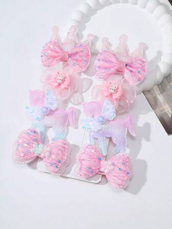 8 件套甜美蝴蝶结皇冠发夹配饰，女孩刘海侧发夹，公主发饰，可爱儿童发饰