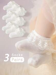 3 Pairs Girls' Solid Color Mesh Lace Short Socks, Skin-Friendly Soft Comfortable Versatile Princess Cute Ruffle Socks, Suitable For Daily Wear, Holidays, Travel, Matching Princess Dresses - Multicolor - View 7