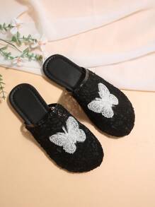 Women's Mule Slippers With Bow Embroidered Mesh Design, Elegant Slip-On House Slippers For Indoor & Outdoor Wear, Black Flat Breathable Comfy Slides - Black - View 7