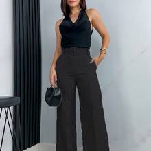 Pantalon mujer corte amplio cintura alta con cinturon elegante - Negro - Ver 3