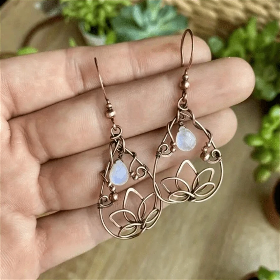 1 对波西米亚复古镂空水滴莲花吊坠耳环，时尚个性化派对珠宝礼物，适合女士 - 銅色 - 查看 1