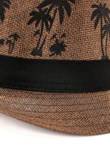 1pc Coconut Tree Bohemian Casual Vintage Polyester Satin Ribbon Printed Straw Braid Jazz Hat, Versatile Unisex Accessory Suitable For Carnival, St. Patrick's Day, Ramadan/Lslamic