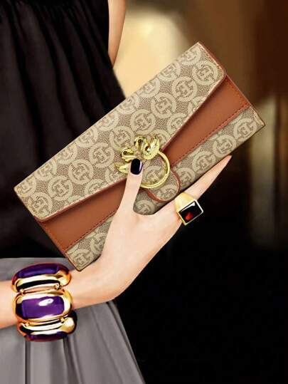 Contrast Color Metal Decor PU Clutch Zippered Wallet Fashionable & Versatile Elegant Floral Wallet Purse Wallet Long Wallet