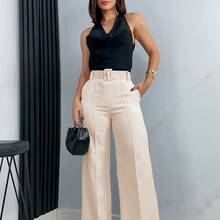 Pantalon mujer corte amplio cintura alta con cinturon elegante - Beis - Ver 4