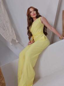 Women's Wide Leg Jumpsuit With Tie - Yellow - View 2