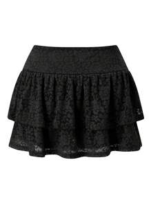 Women Tiered Ruffled Short Skirts Floral Lace Sheer Mid Rise Lined Cute Flowy Mini Skirts - Black - View 3