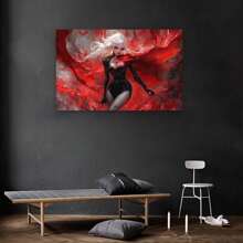 Framed Crimson Marked Warrior Canvas, White Hair, Leather Clad, Piercing Stare, Red Splatter, Edgy Portrait, Visceral Fantasy, Dark Aesthetic, Untamed Spirit