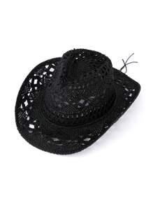 1pc Solid Color Boho Casual Hollow-Out Decor UPF Sun Protection Woven Panama Hat, Cowboy Sunhat, Fashion & Versatile For All Seasons, Commute