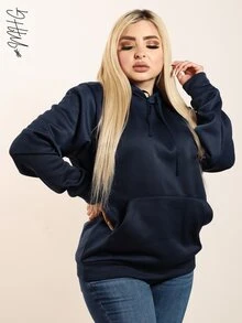 Sudadera Hoodie Para Mujer Casual y Linda De Moda Dama Juvenil Con Capucha y Cordon Central para Ajustar la Capucha y Bolsillo Delantero tipo Canguro con Hombros Caidos, Apta para todo de ocasion casual, Jardin o estar en Casa - Azul Marino - Ver 2