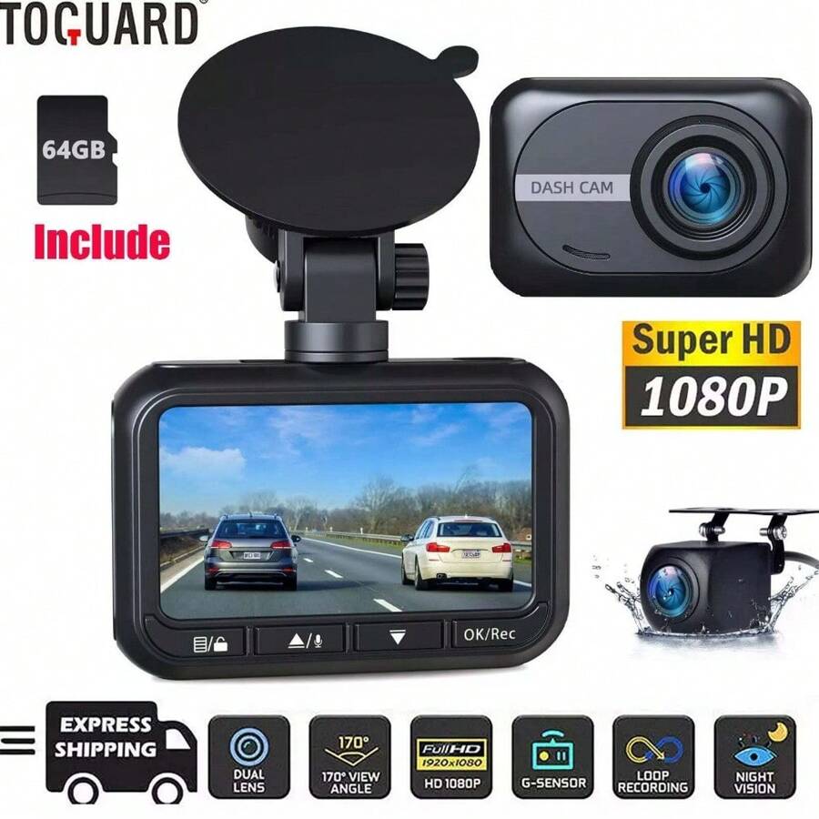 TOGUARD 1080P Front And Rear Dual Dash Cam Car Driving Video Recorder Camera 64G - 1 - View 1