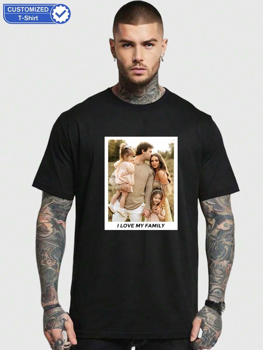Customized Men's Personalized Loose Fit T-Shirt - Add Your Own Photo Custom T-Shirt For Valentine's Day Gift (Can Customize Family Photo/Selfie/Pet Photo/Friend Photo/Team Party, Couple Matching, Workwear ) - Black - View 1