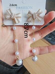 1 Pair Fashionable Bow Pearl Tassel Long Dangle Earrings, Sweet And Elegant For Women - Gold - View 3