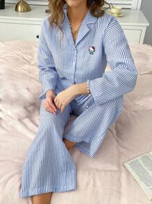 Sanrio 【奇幻世界】Hello Kitty 女士条纹印花纽扣长袖上衣和直筒弹力腰裤家居服睡衣套装，两件套，秋季服装，清爽浅蓝色 - 藍色 - 查看 5