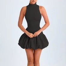 Vestido corto elegante sin mangas falda volumen femenino moderno - Negro - Ver 2