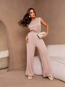 Women's Wide Leg Jumpsuit With Tie - Beige - View 4