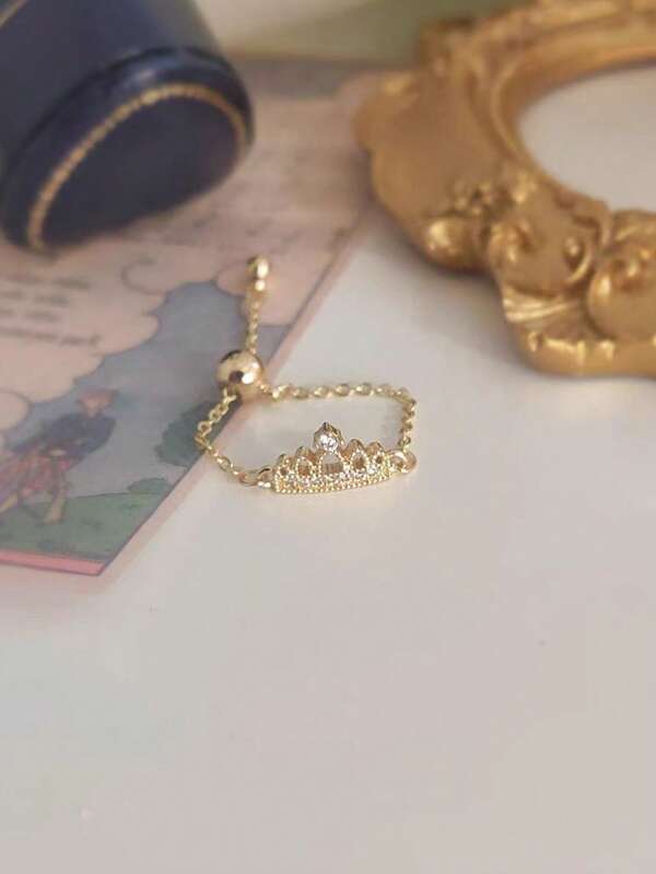 1pc Women's Fashionable Cubic Zirconia Studded Crown Chain Adjustable Open Ring, Lightweight Luxury Versatile Finger Jewelry Gift, Suitable For Daily Wear