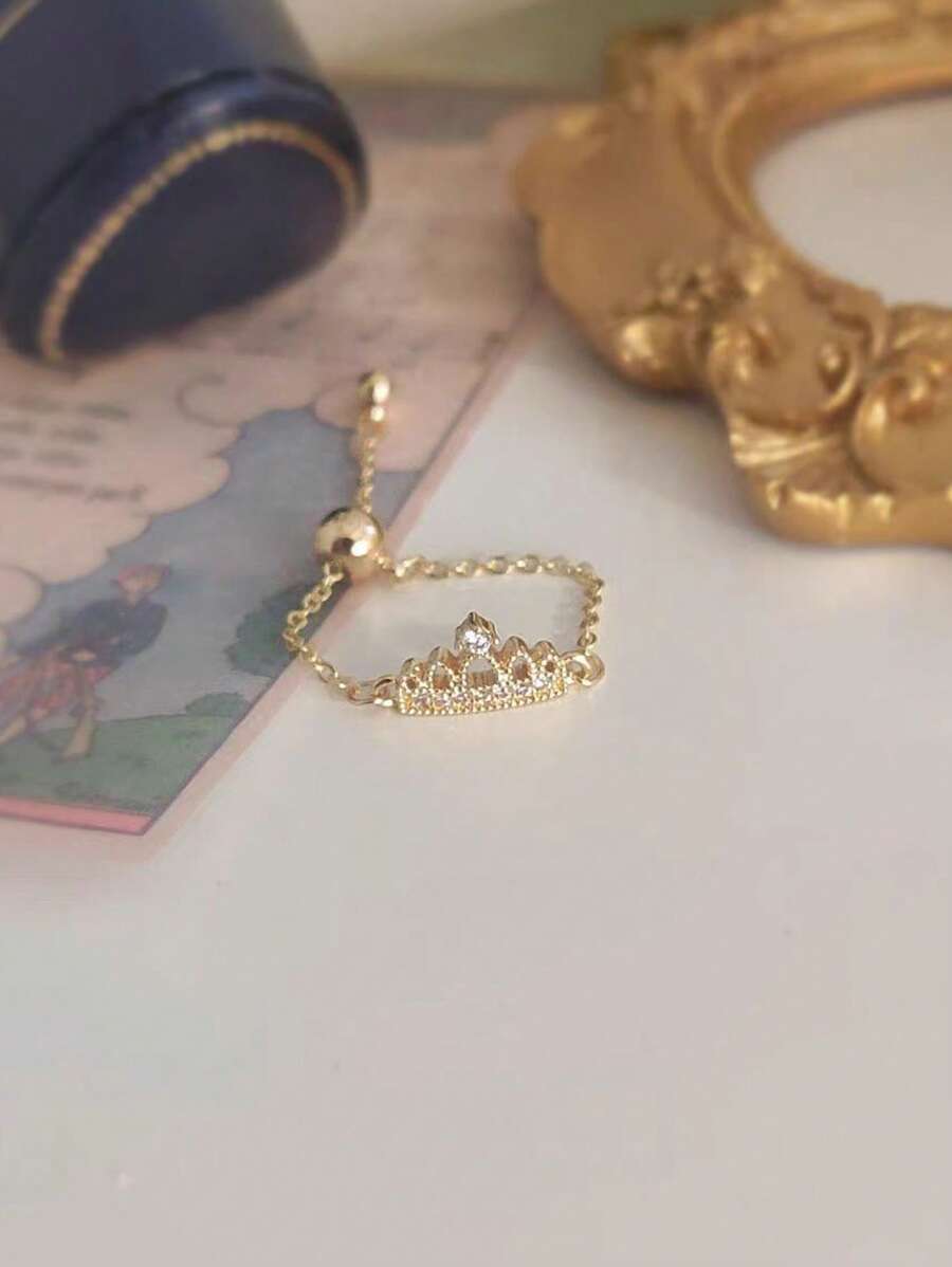 1pc Women's Fashionable Cubic Zirconia Studded Crown Chain Adjustable Open Ring, Lightweight Luxury Versatile Finger Jewelry Gift, Suitable For Daily Wear