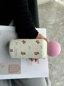 1pc 350ml Teddy Bear Bow Stainless Steel Double Wall Insulated Cup, Flat Bottom Mug, Coffee Cup, Water Bottle, Outdoor Tumbler, Tea , Unique Tea Cup Lid Design, Suitable For Outdoor, Office, Home, School, Car, Birthday Gift, Holiday Gift, Mother's Day, Father's Day, Back To School, Valentine's Day