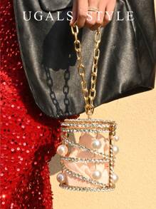 奢华女士新娘婚礼钱包派对舞会闪亮水钻手包手提包晚宴手拿包水桶包 - 香檳色 - 查看 4