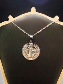 1pc Stainless Steel St. Benedict Exorcism Medal Pendant Necklace, Talisman For Protection Against Evil Spirits, Suitable For Daily Wear And Gift Giving