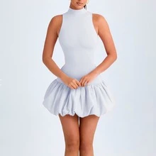 Vestido corto elegante sin mangas falda volumen femenino moderno - Blanco - Ver 3